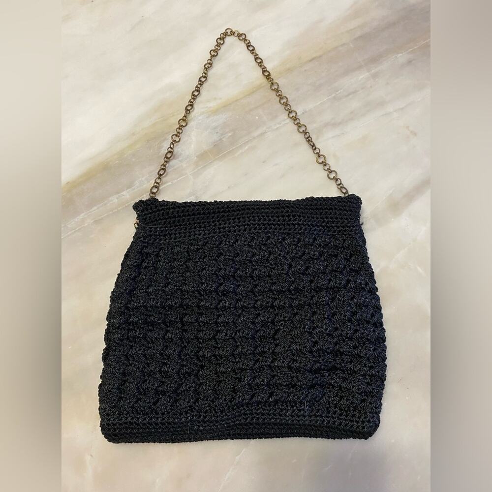 Chic Black Crochet Shoulder Bag with gold Chain Strap vintage - Picture 3 of 7